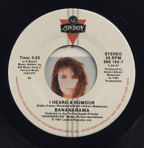 Bananarama, "I Heard A Rumour" single (1987). Record and sticker label image. Pop music.