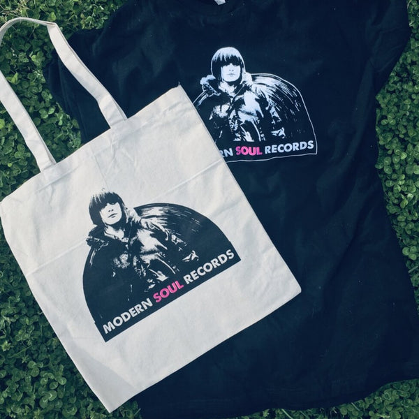 Modern Soul Records, Logo on natural Tote/Record Bag, Awesome Dudes Printing, 2020. Tote and T-Shirt image.