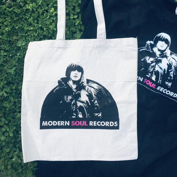 Modern Soul Records, Logo on natural Tote/Record Bag, Awesome Dudes Printing, 2020. Tote and T-Shirt image.