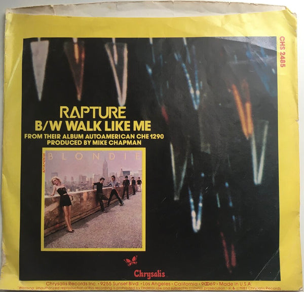 Blondie, "Rapture" Single (1981). Back cover image. Pop-punk, power pop. Punk.