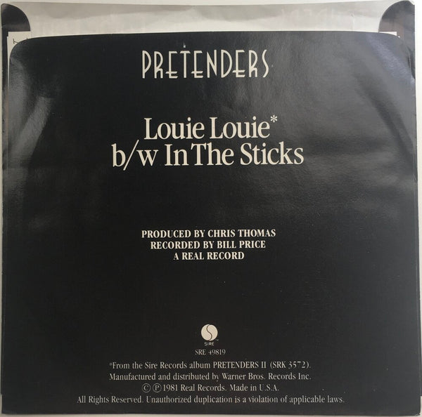 The Pretenders, "Louie Louie" Single (1981). Back cover image.  Power-pop, pop-punk, punk.