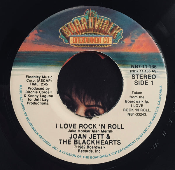 Joan Jett & The Blackhearts, "I Love Rock 'n Roll" Single (1982). Record label sticker image. Rock n' roll, punk, power-pop.