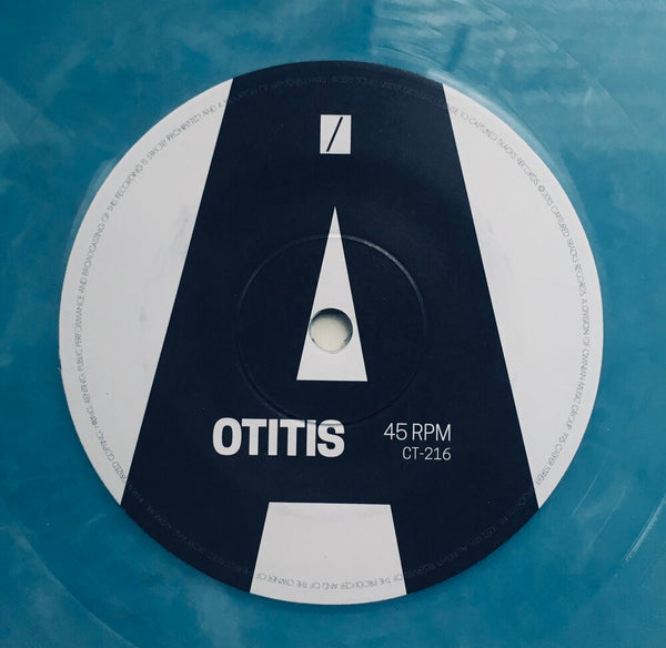 Mourn, "Mourn" LP and "Otitis" Single and Pin Bundle pack. "Otitis" record label sticker image. Blue marble vinyl. Captured Tracks. Catalan punk.