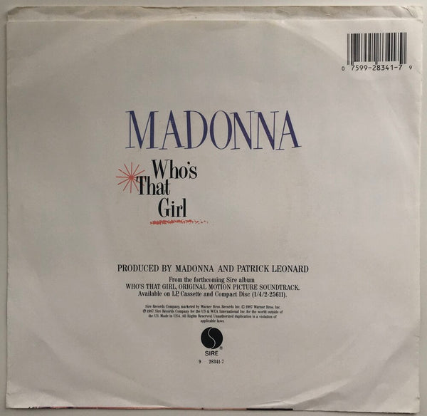Madonna, "Who's That Girl" Single (1987). Back cover image. Movie soundtrack for Madonna movie, "Who's That Girl." Pop, dance.