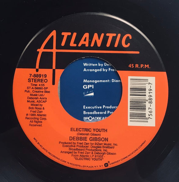 Debbie Gibson, "Electric Youth" Single (1989). Record label sticker image. Pop, dance, electronic.