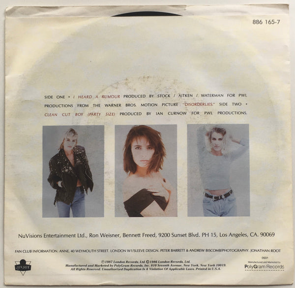Bananarama, "I Heard A Rumour" single (1987). Back cover image. Pop music.