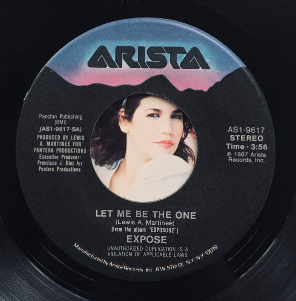 Expose, "Let Me Be The One" Single (1987). Record label sticker image. Pop, dance, R&B.