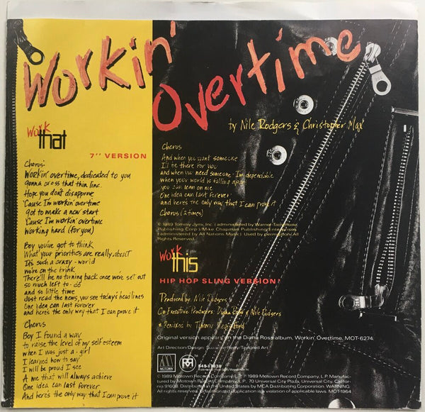 Diana Ross, "Workin' Overtime" Promo Single (1989). Back cover image. Pop-rock, new jack swing, hip-hop from The Supremes' Diana Ross.