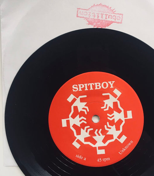 Spitboy, "Rasana" Single EP and Zine (1995). Hand-stamped sleeve and record label sticker image. Hardcore punk, anarcho-punk, punk rock. 