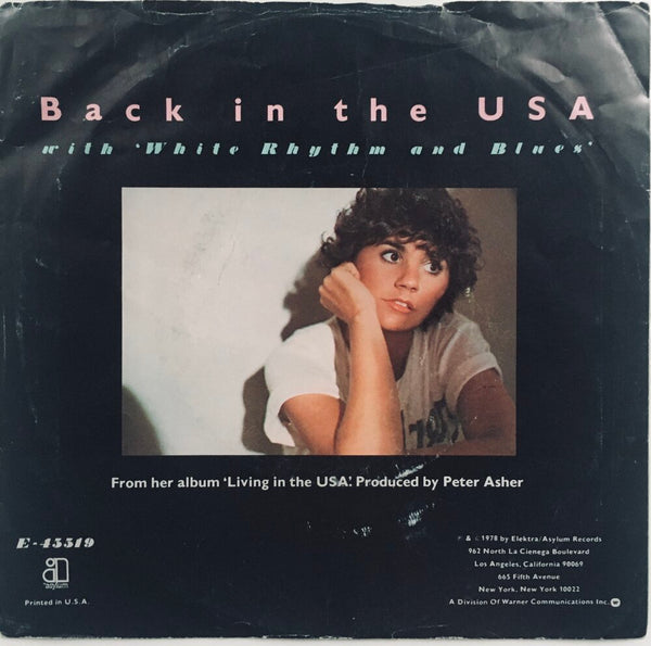 Linda Ronstadt, "Back In The U.S.A." Single (1978). Back cover image. Pop-rock, country-rock, rhythm and blues.