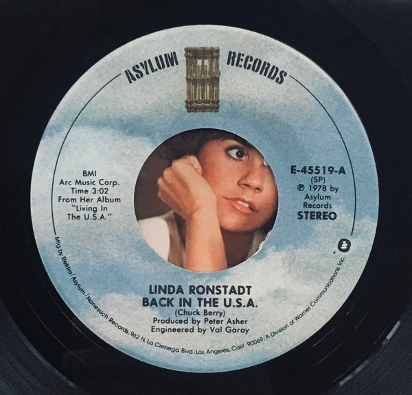 Linda Ronstadt, "Back In The U.S.A." Single (1978). Record label sticker image. Pop-rock, country-rock, rhythm and blues.