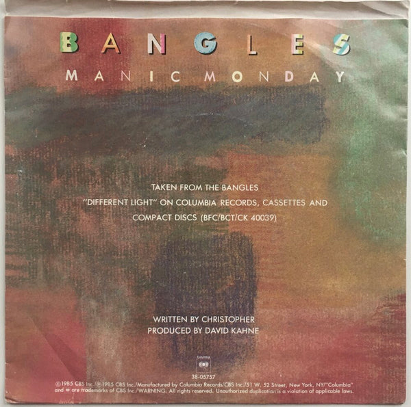 The Bangles, "Manic Monday" Single (1988). Back cover image. Pop, power-pop, from Different Light.