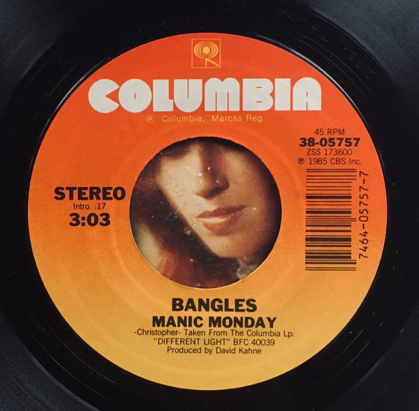 The Bangles, "Manic Monday" Single (1988). Record label sticker image. Pop, power-pop, from Different Light.
