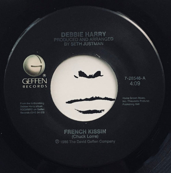 Debbie Harry, "French Kissin'" Single (1986). Record label sticker image. Pop-punk, pop-rock.