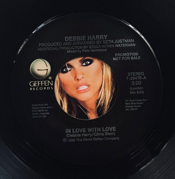 Debbie Harry, "In Love With Love" Single (1986). Record sticker label image. Pop-punk, pop-rock.