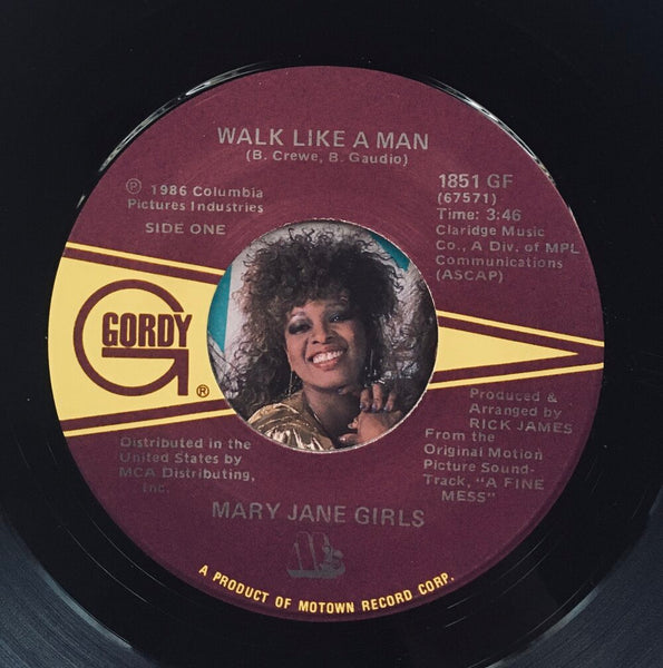 Mary Jane Girls, "Walk Like A Man" Single (1986). Record label sticker image. Pop, funk, and soul. From the 80s movie soundtrack, "A Fine Mess."