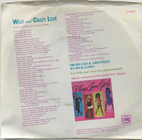 Mary Jane Girls, "Wild and Crazy Love" Single (1986). Back cover image. Pop, funk, and soul.