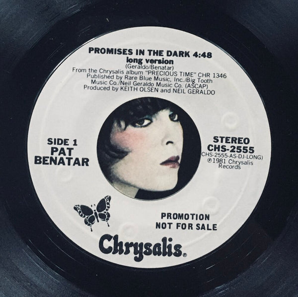 Pat Benatar, "Promises In The Dark" Single (1981). Record label sticker image. Pop-rock.