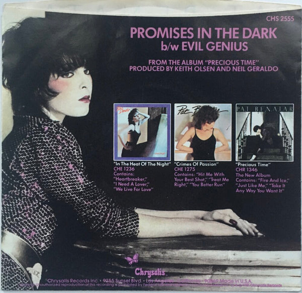 Pat Benatar, "Promises In The Dark" Single (1981). Back cover image. Pop-rock.