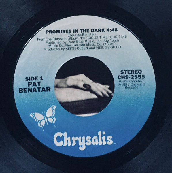 Pat Benatar, "Promises In The Dark" Single (1981). Record label sticker image. Pop-rock.