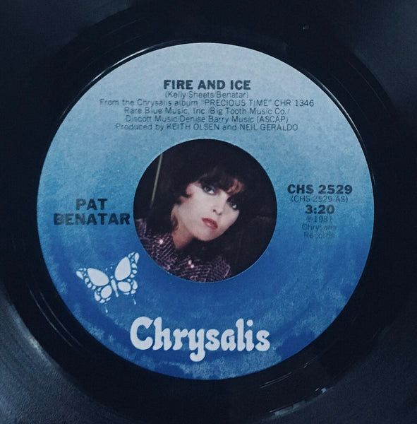 Pat Benatar, "Fire and Ice" Single (1981). Record label sticker image. Pop-rock.