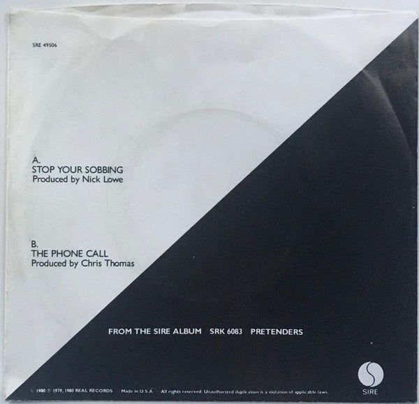 The Pretenders, "Stop Your Sobbing" Single (1979). Back cover image.  Power-pop, pop-punk, punk.