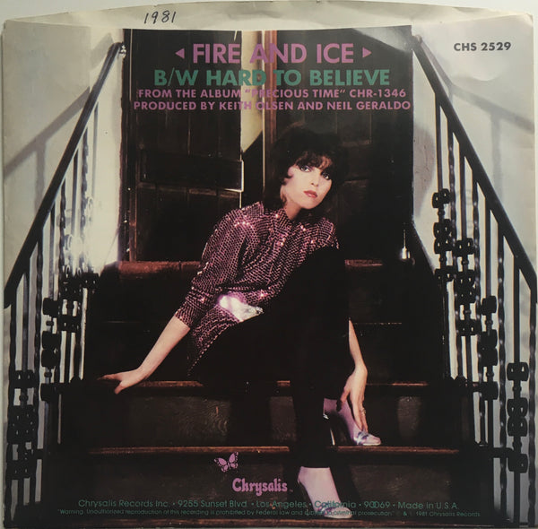 Pat Benatar, "Fire and Ice" Single (1981). Back cover image. Pop-rock.