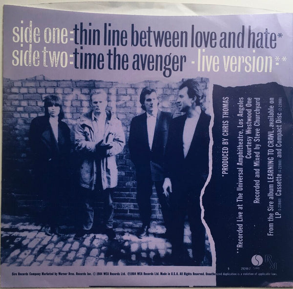 The Pretenders, "The Line Between Love and Hate" Single (1984). Back cover image.  Power-pop, pop-punk, punk.