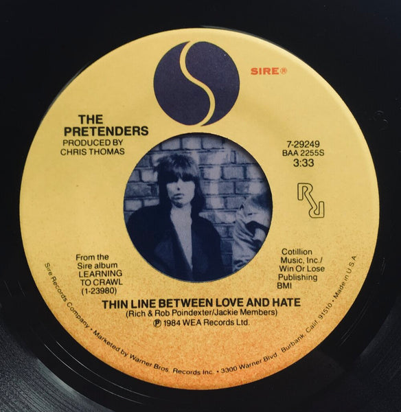 The Pretenders, "The Line Between Love and Hate" Single (1984). Record label sticker image. Power-pop, pop-punk, punk.