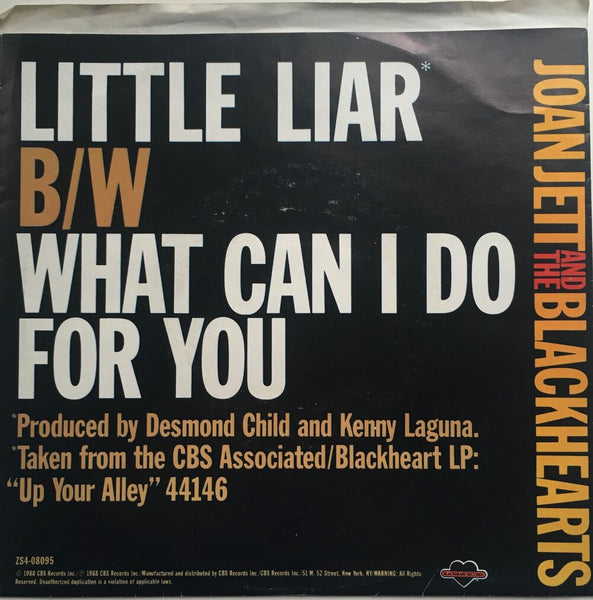 Joan Jett & The Blackhearts, "Little Liar" Single (1988). Back cover image. Rock n' roll, punk, power-pop.