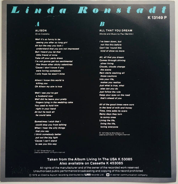 Linda Ronstadt, "Alison" Single (1978). Back card lyric insert image. Pop-rock, power-pop, country-rock, rhythm and blues.