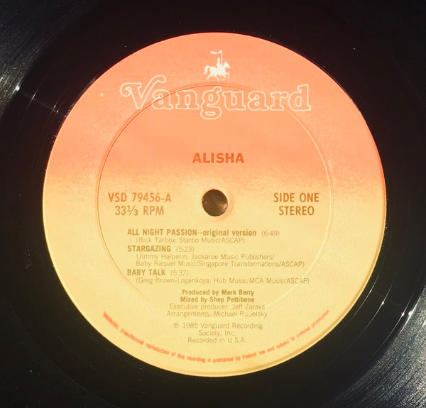 Alisha, "Alisha" LP (1985). Record/label sticker image. Pop singer.
