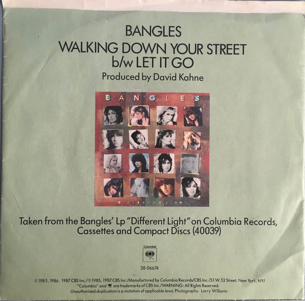 The Bangles, "Walking Down Your Street" Single (1986). Back cover image. Pop, power-pop, from Different Light.