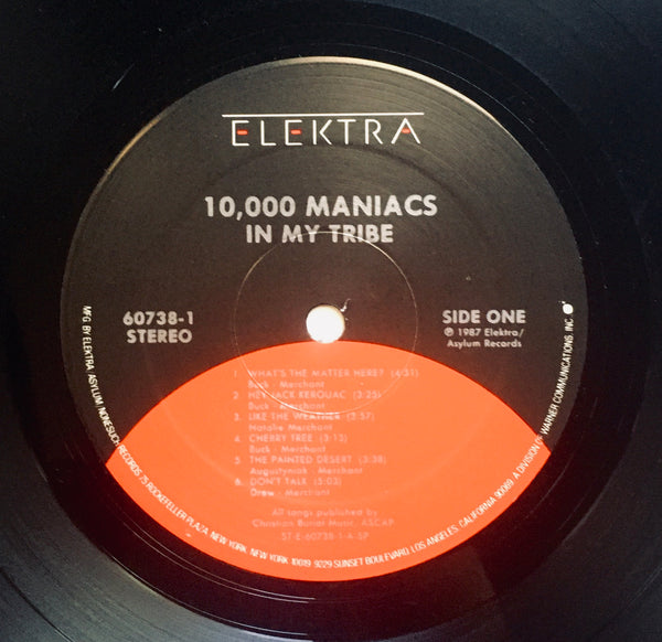 10,000 Maniacs, "In My Tribe" LP (1987). Record sticker label image. Nathalie Merchant. Alternative rock.