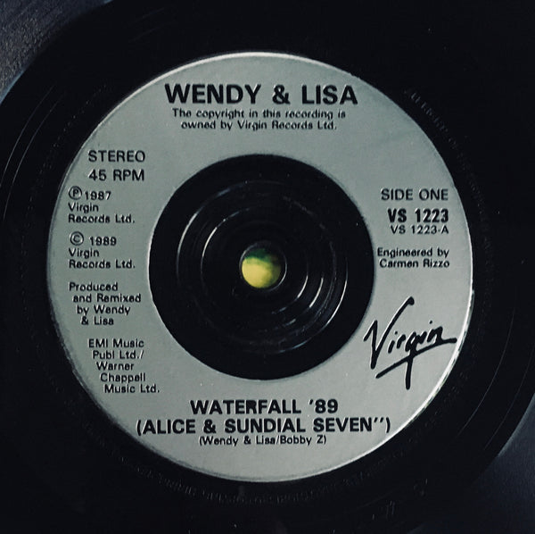 Wendy & Lisa "Waterfall '89" Remix Single (1989). Silver-injection record label image. Dance, electronic, pop.