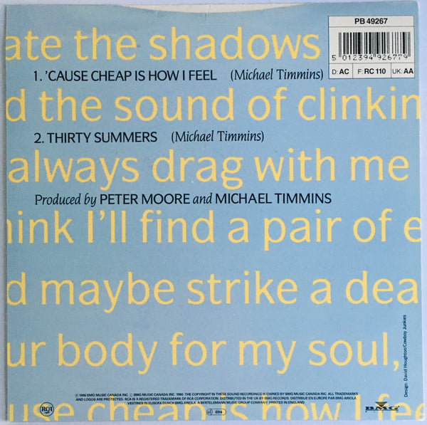 Cowboy Junkies, "'Cause Cheap Is How I Feel" Import Single (1990). Back cover image. Pop, folk, alt-country.