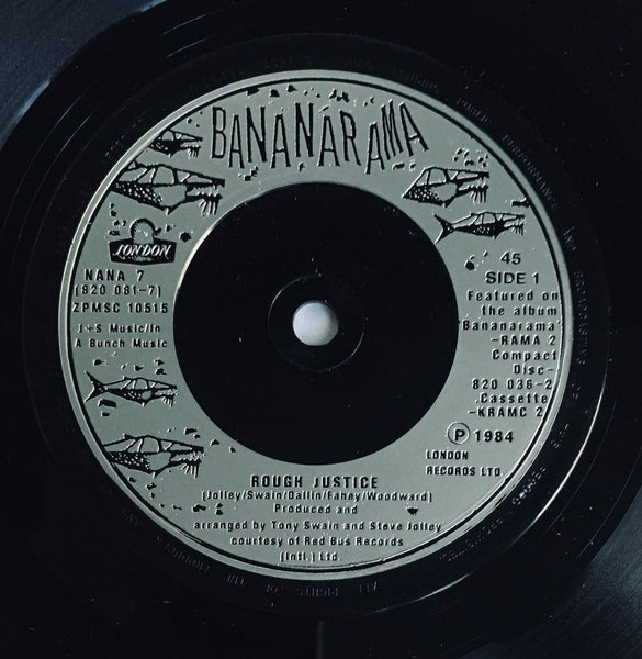 Bananarama, "Rough Justice" Single (1984). Silver-injection record label image. Pop, rock, synth-pop.
