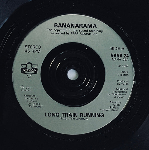 Bananarama, "Long Train Running" Import Single (1991). Silver-injection record labels image. Pop, euro-synth, flamenco. A-side is a collaboration with Gipsy Kings.