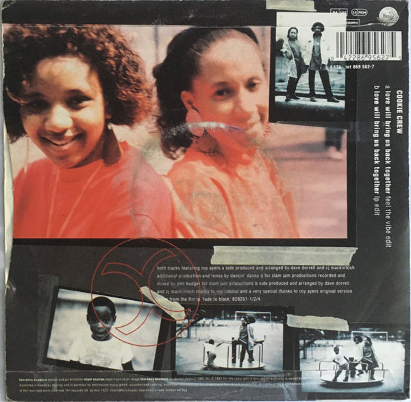Cookie Crew, "Love Will Bring Us Back Together" Single (1991). Back cover image. Hip-hop and rap duo from Clapham, London (UK), import remix and edits. Silver-injection label. Features Roy Ayers.