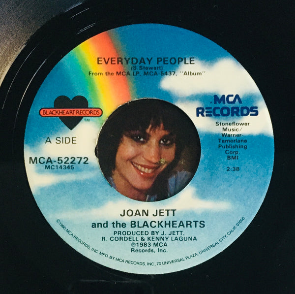Joan Jett and the Blackhearts, "Everyday People" Single (1983). Record label sticker image. Power-pop, pop, punk.