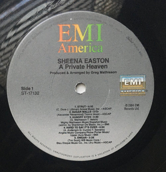 Sheena Easton, "A Private Heaven" LP (1984). Record label sticker image. Features "Sugar Walls," pop-funk, dance.