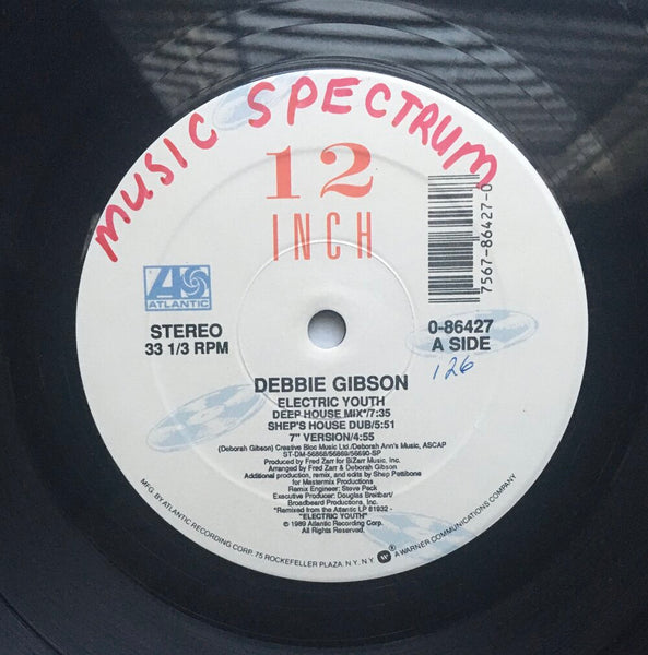 Debbie Gibson, "Electric Youth" Single EP (1989). Record label sticker image. Dance mixes for Debbie Gibson single, "Electric Youth". Pop, dance, electronic.