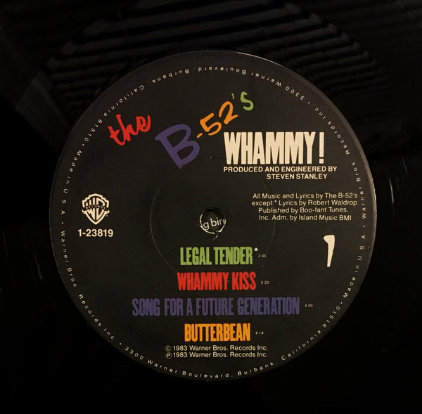 The B-52's, "Whammy!" LP (1983). Record label sticker image. Pop, experimental, pop-rock, alternative rock.
