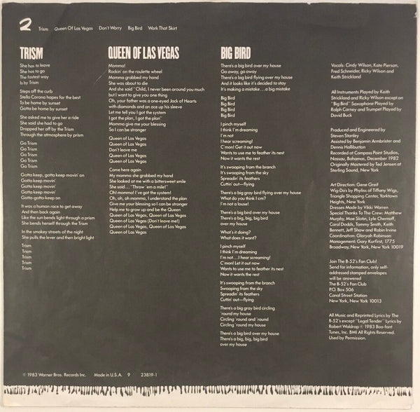The B-52's, "Whammy!" LP (1983). Inner sleeve image. Pop, experimental, pop-rock, alternative rock.