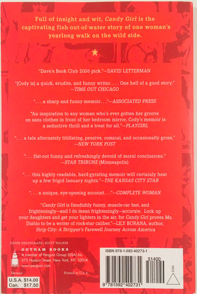 Diablo Cody, "Candy Girl" Book (2007). Back cover image. Diablo Cody memoir about her early life surrounding items written in her personal blog "The Pussy Ranch".