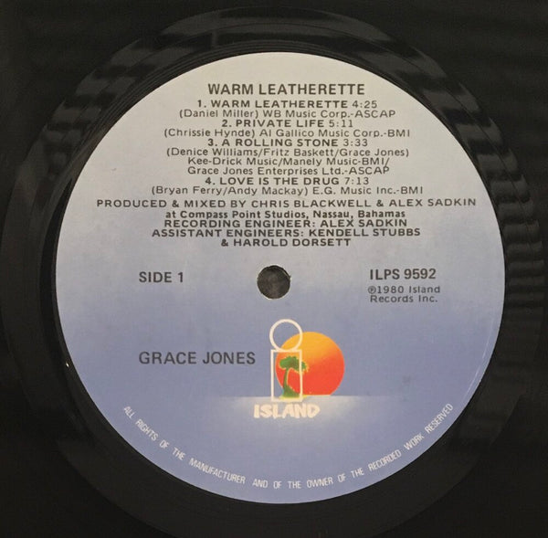 Grace Jones, "Warm Leatherette" Promo LP (1980). Record sticker label image. Original Grace Jones image press and promo copy of Warm Leatherette. Experimental, pop, disco, dance, new wave, punk.