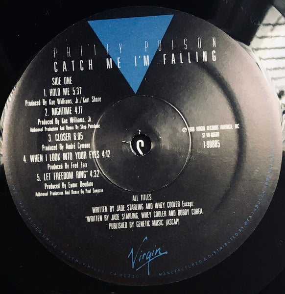 Pretty Poison, "Catch Me I'm Falling" (1988). Record label sticker image. Pop-rock from Philadelphia.
