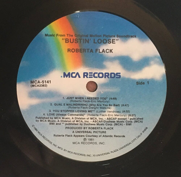 Roberta Flack, "Bustin Loose" Promo LP (1981). Record label sticker image. Promo movie soundtrack, 80's, soul, funk.