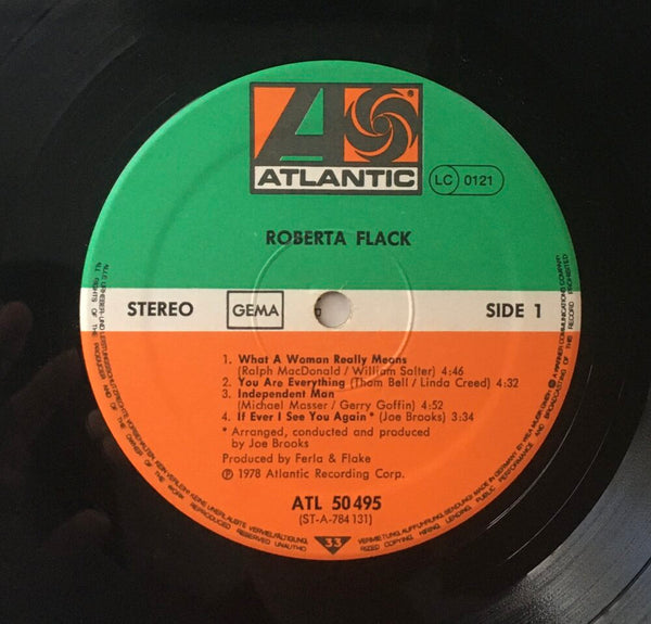 Roberta Flack, "Roberta Flack" LP (1978). Record label sticker image. Atlantic Records, soul, funk, pop.