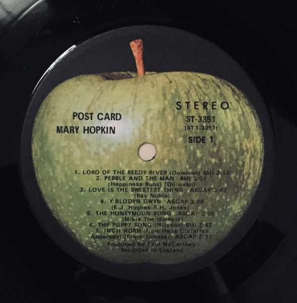 Mary Hopkin, "Post Card" LP (1969). Record label sticker image. Folk and 60's tinged pop from Apple Records' artist Mary Hopkin.